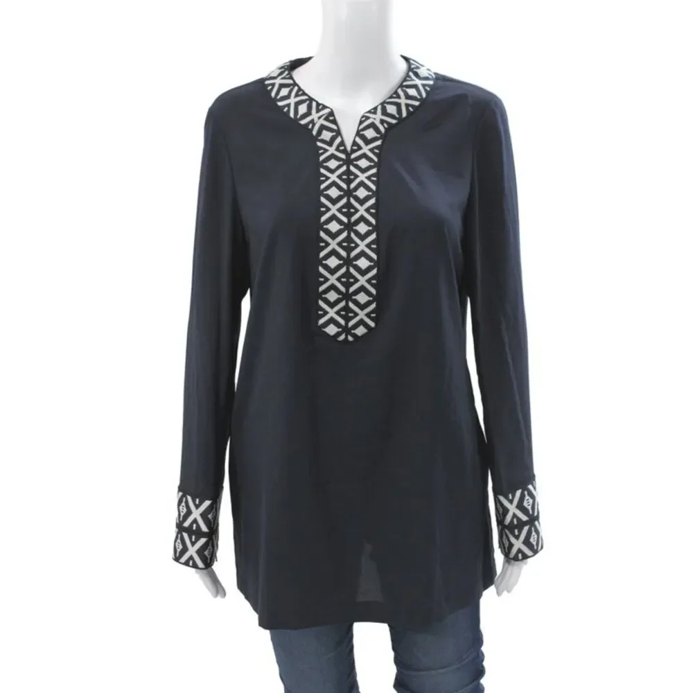 Tory Burch Women Tunic Blouse V-Neck Geometric Long Sleeve Zip Black Size 12
